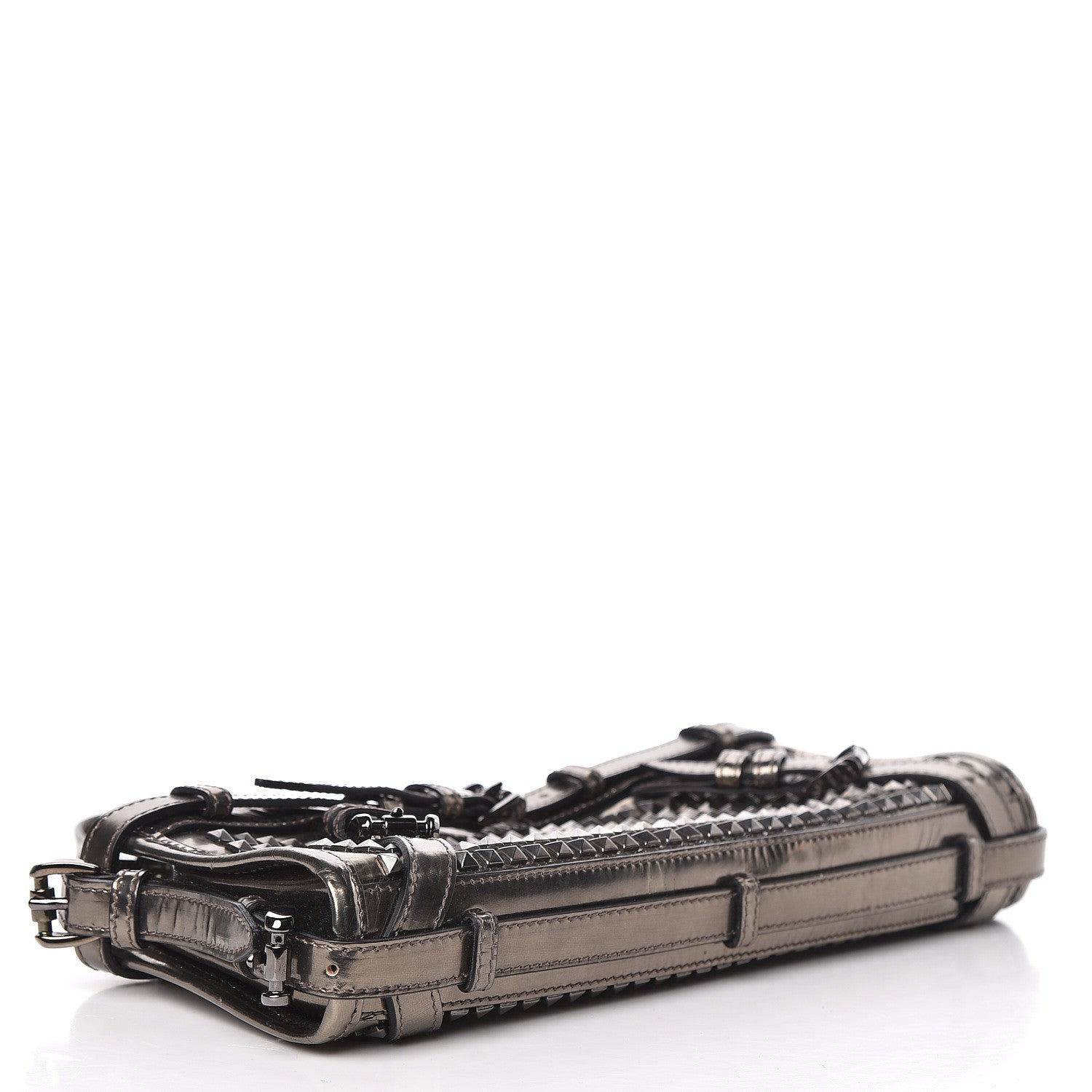 Burberry Metallic Patent Studded Wristlet Clutch Pewter 4 of 16