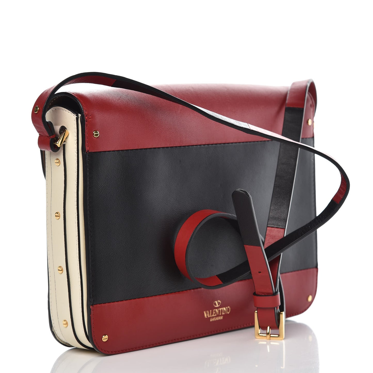 Calfskin Rivet Colorblock Shoulder Bag Black Red