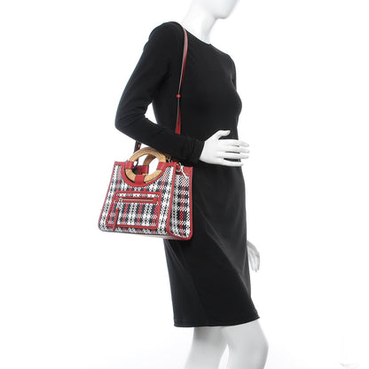 Fendi Vitello Century Wicker Tartan Plaid Woven Small Runaway Shopper Tote White Blue Fragola 2 of 7