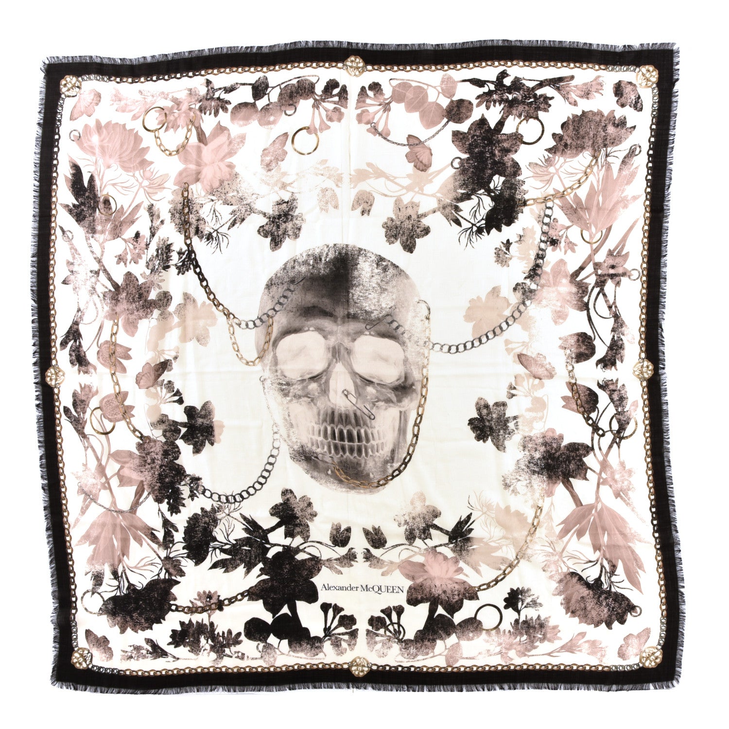 Alexander McQueen Silk Chiffon Floral Skull Scarf Black Ivory Rose 1 of 3
