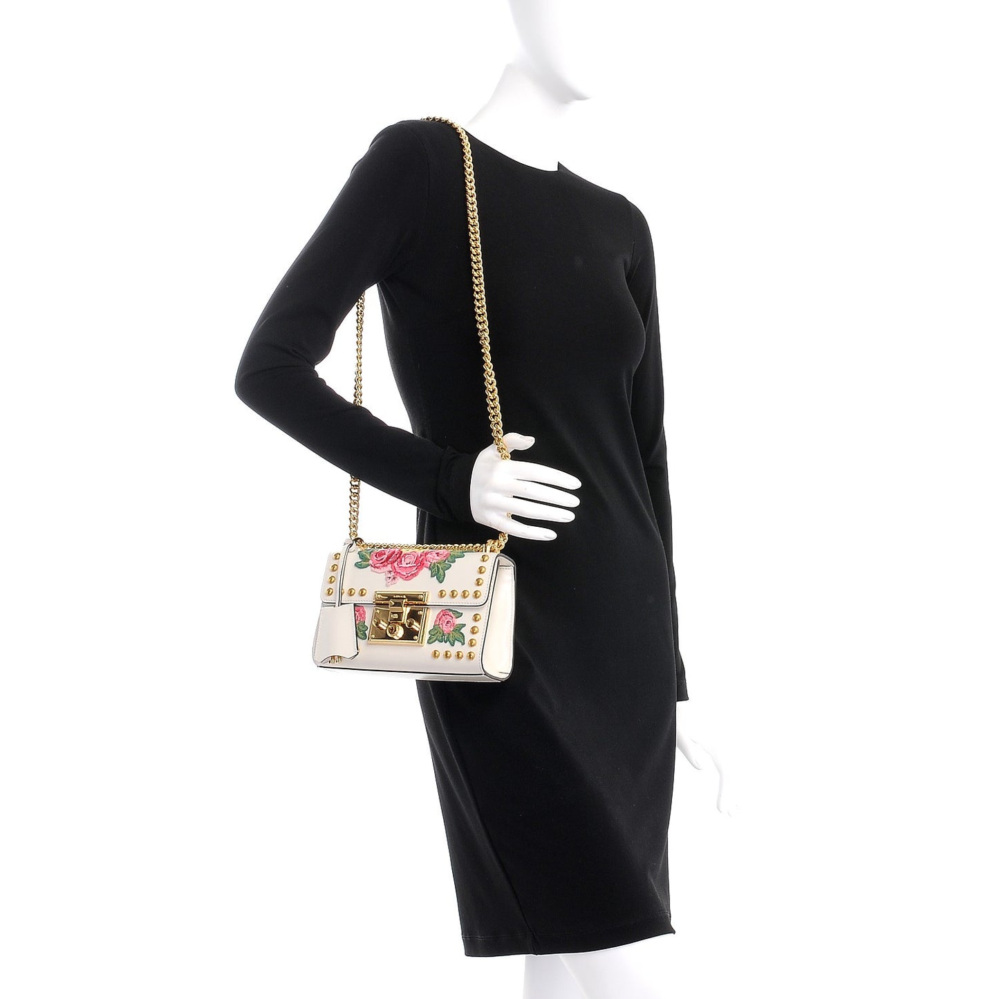 Calfskin Floral Embroidered Small Padlock Shoulder Bag White