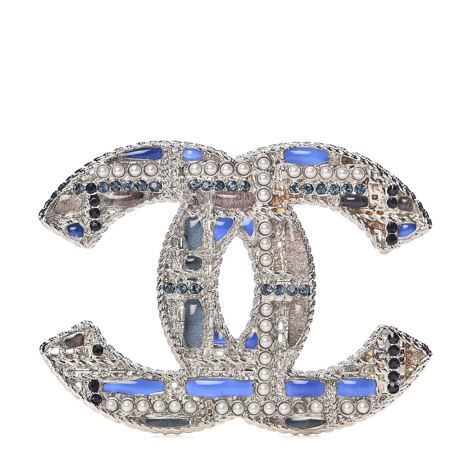 Chanel Crystal Pearl CC Tweed Brooch Silver Black 1 of 5