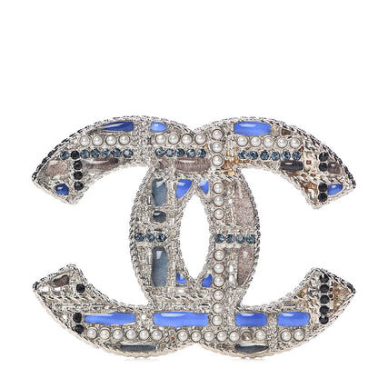 Chanel Crystal Pearl CC Tweed Brooch Silver Black 1 of 5