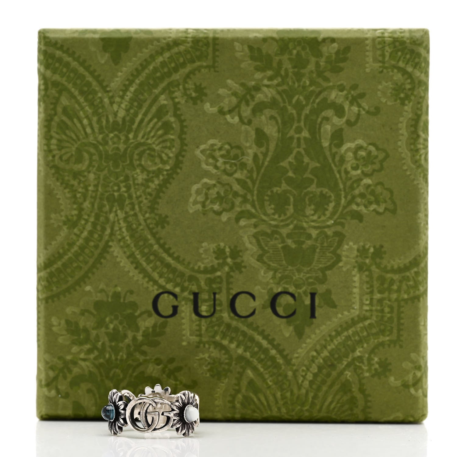 Gucci Sterling Silver Topaz Mother of Pearl Turquoise Resin Double G Flower Ring 49 5 3 of 7