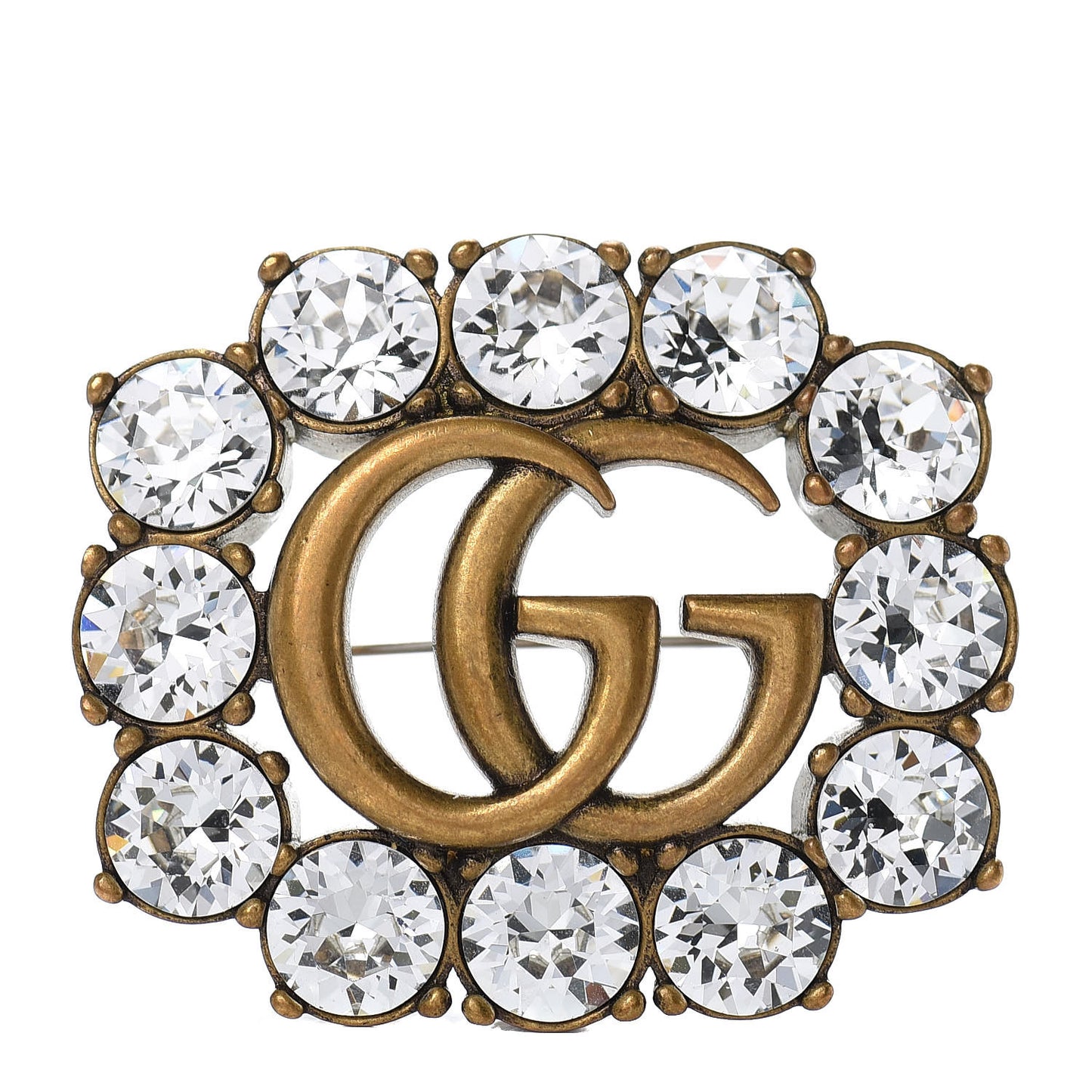 Metal Crystal Double G Brooch Aged Gold