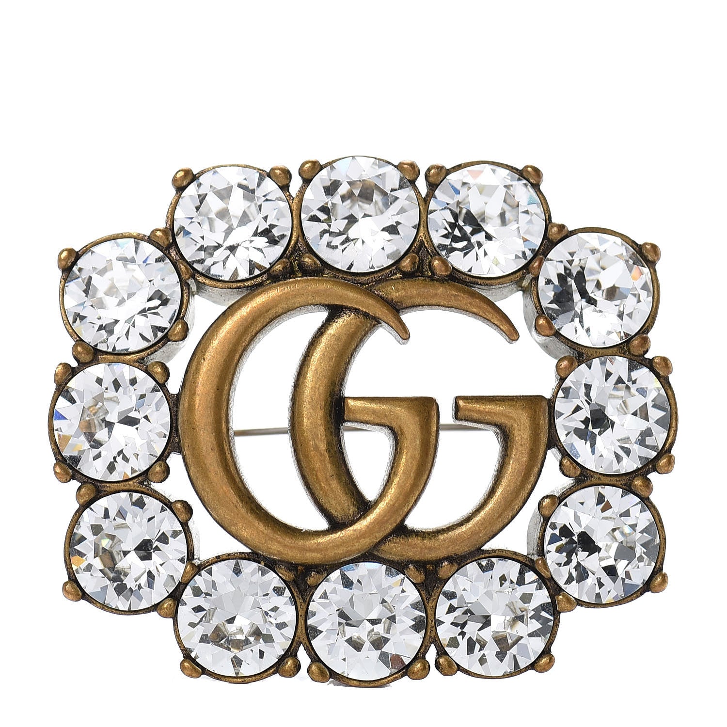 Gucci Metal Crystal Double G Brooch Aged Gold 1 of 5