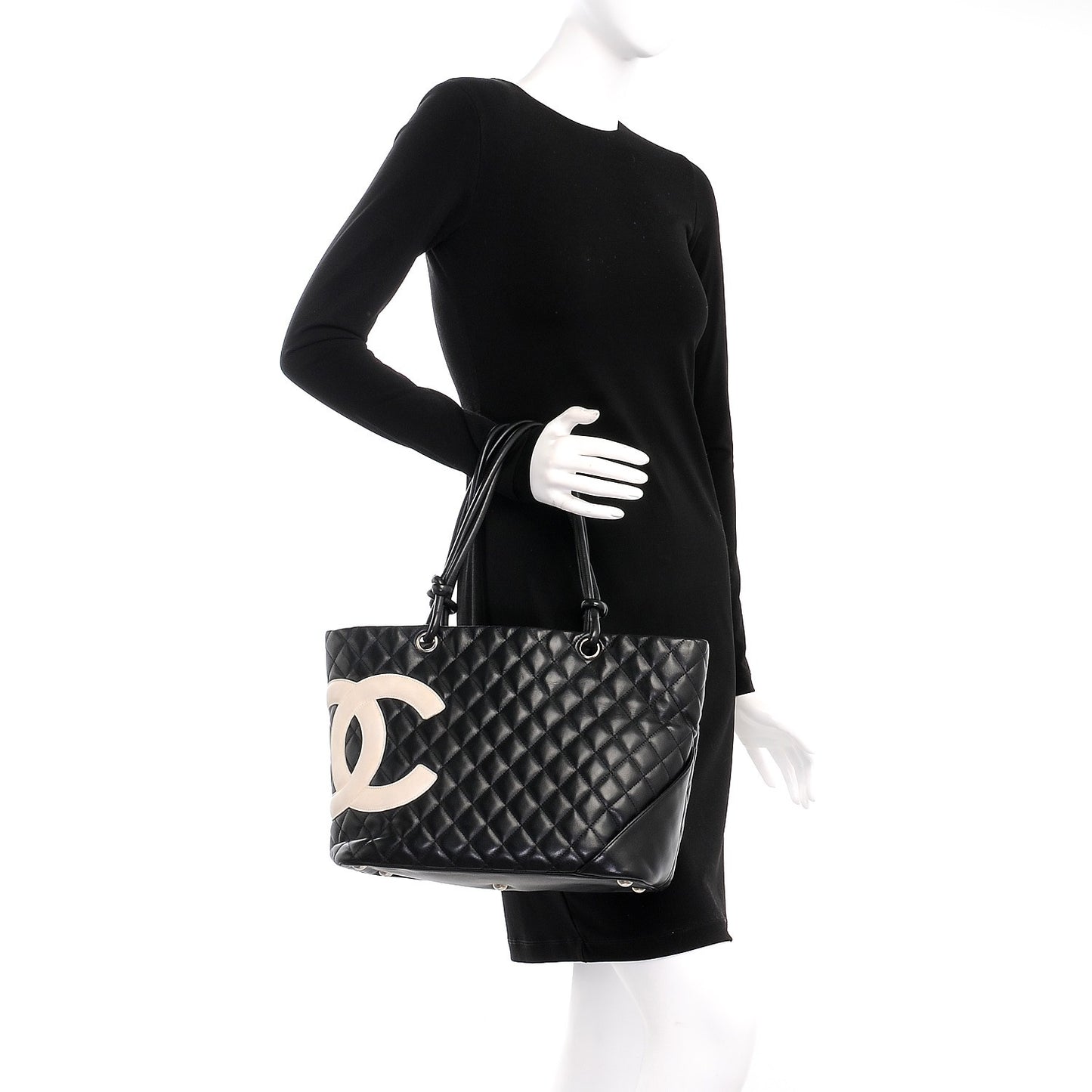 Calfskin Quilted Large Cambon Tote Black White