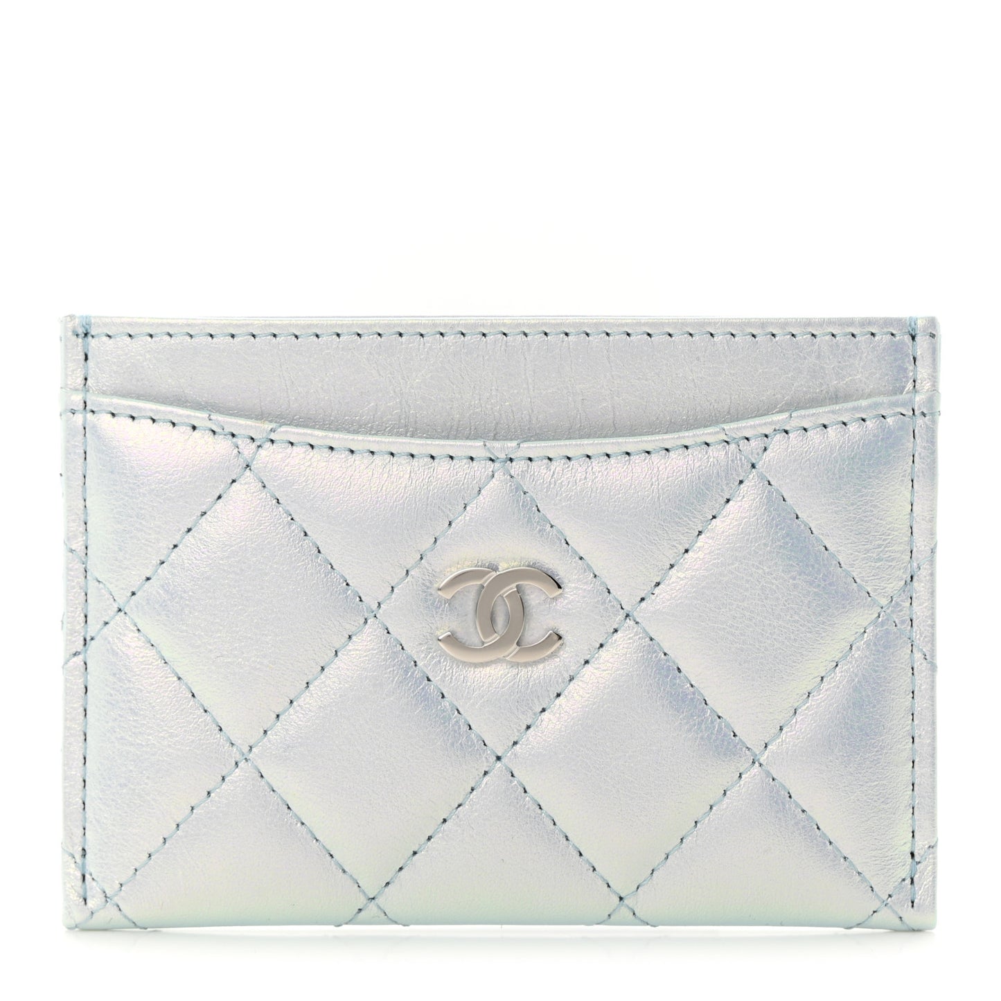Iridescent Calfskin Quilted Card Holder Light Blue