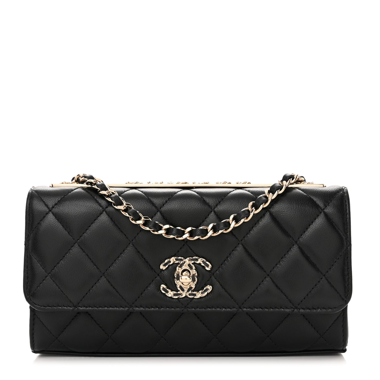 Lambskin Quilted Trendy CC Flap Phone Holder With Chain Black