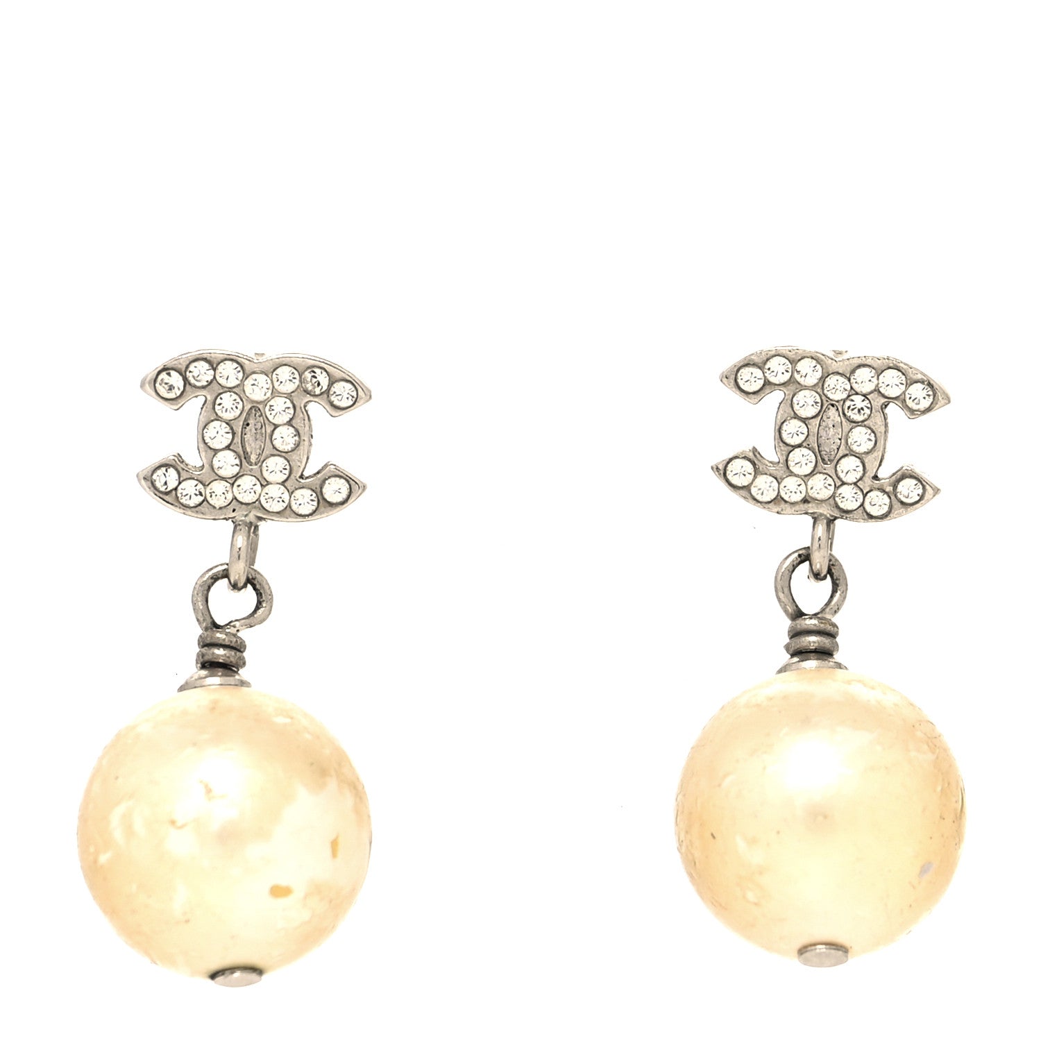 Chanel Crystal Pearl CC Drop Earrings Silver Pearly White 1 of 5
