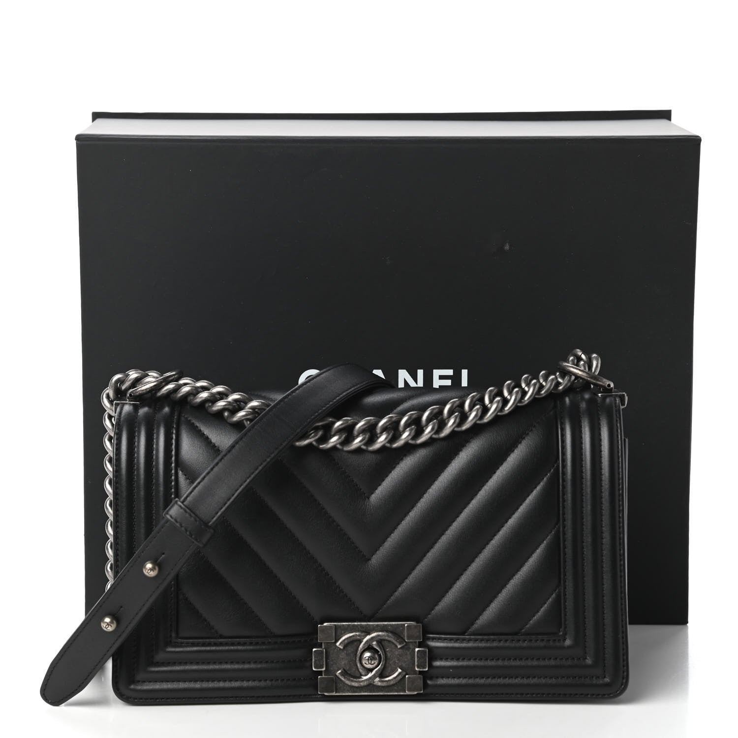 Chanel Calfskin Chevron Quilted Medium Boy Flap Black 11 of 11