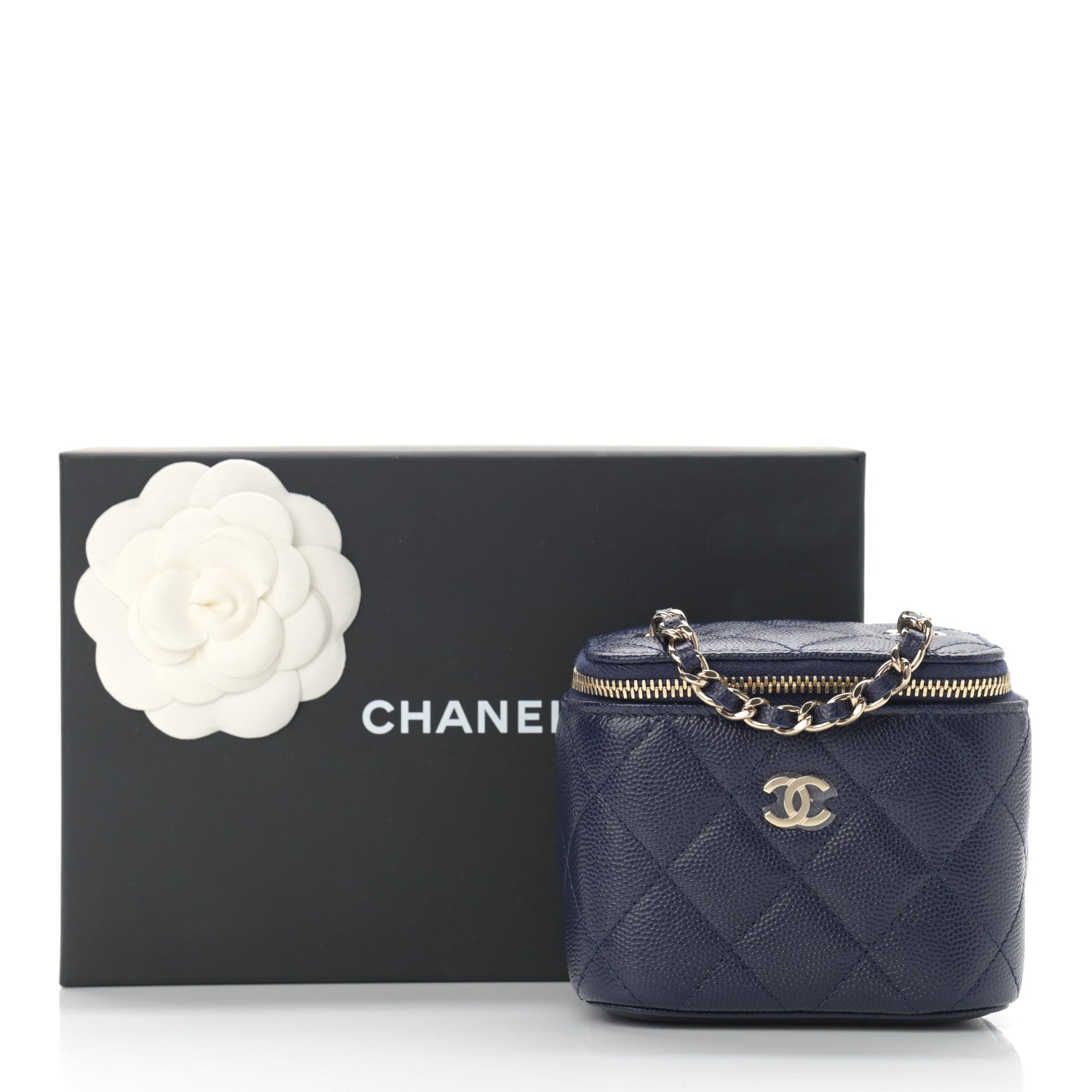 Chanel Caviar Quilted Mini Vanity Case With Chain Navy Blue 11 of 11