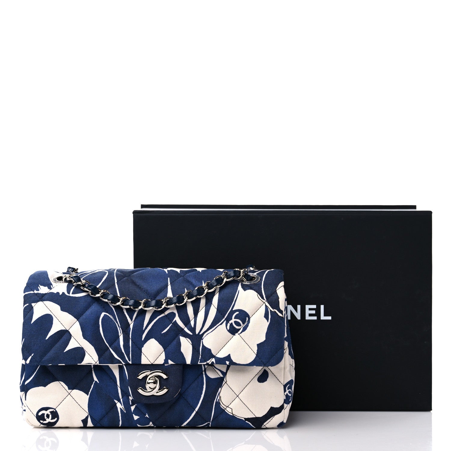 Chanel Floral Printed Silk CC Medium Single Flap Navy Blue White 11 of 11