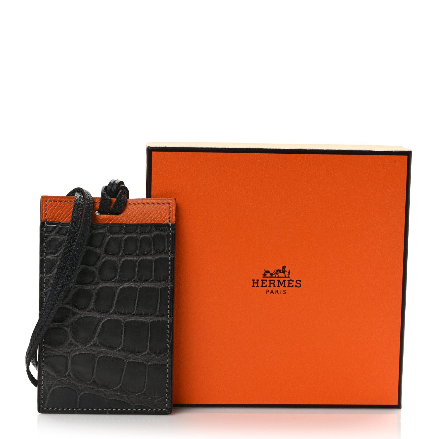 Hermes Matte Crocodile Epsom Petit H Lanyard Card Holder Graphite Orange 7 of 7