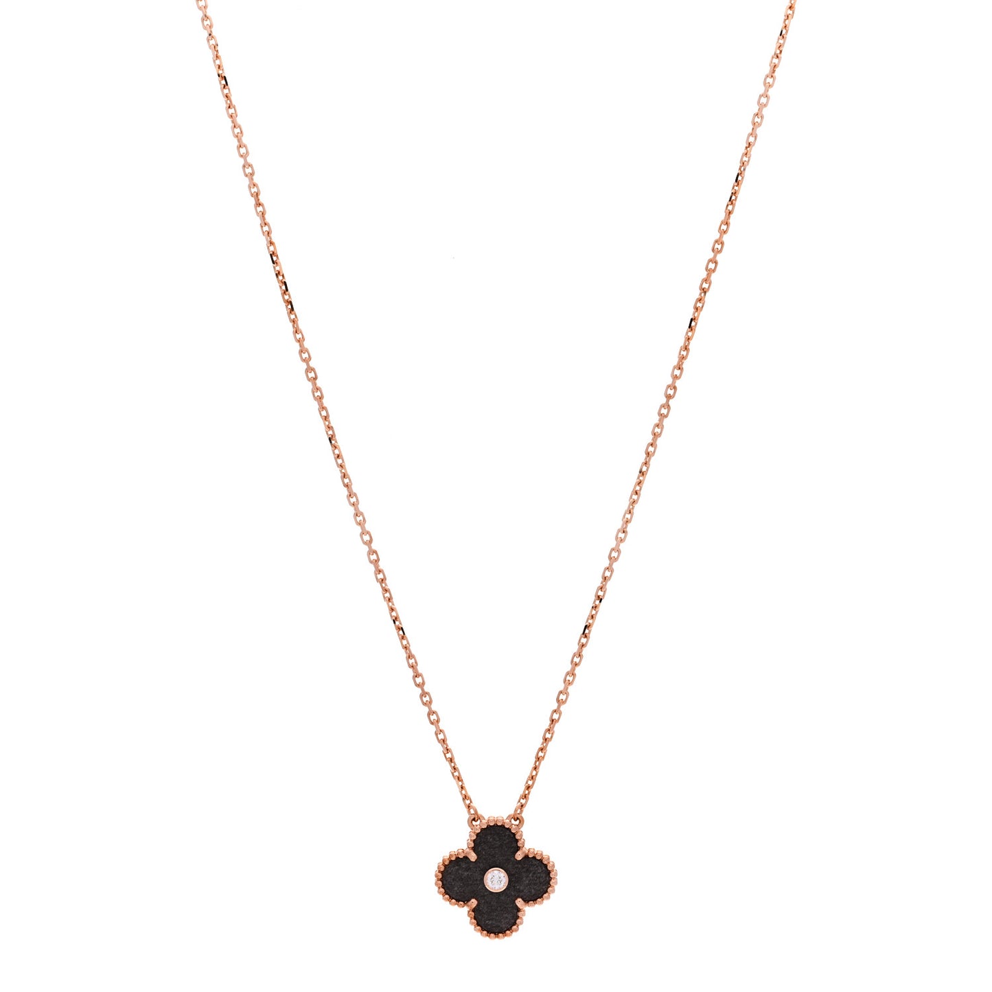 18K Rose Gold Diamond Silver Obsidian Vintage Alhambra Pendant Necklace
