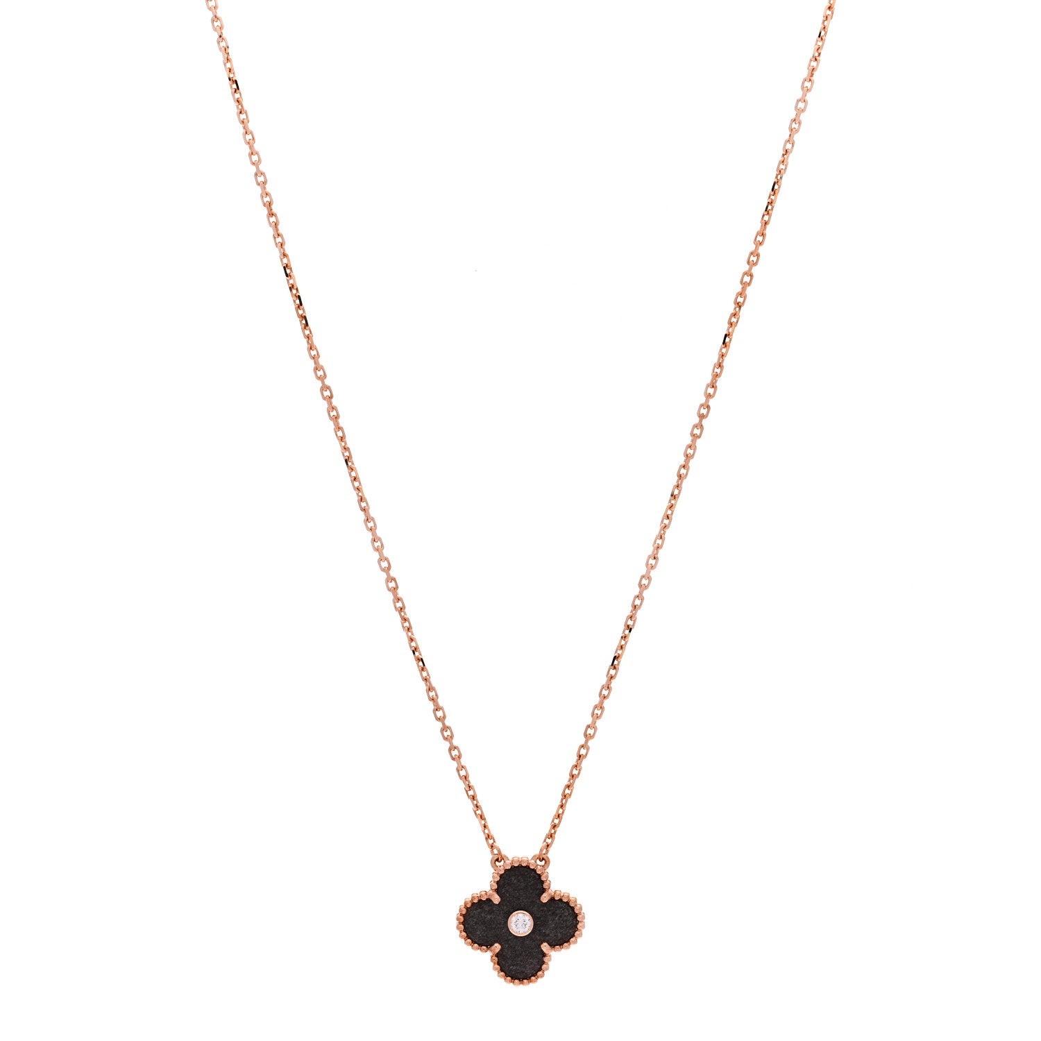 Van Cleef & Arpels 18K Rose Gold Diamond Silver Obsidian Vintage Alhambra Pendant Necklace 1 of 6