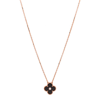 Van Cleef & Arpels 18K Rose Gold Diamond Silver Obsidian Vintage Alhambra Pendant Necklace 1 of 6