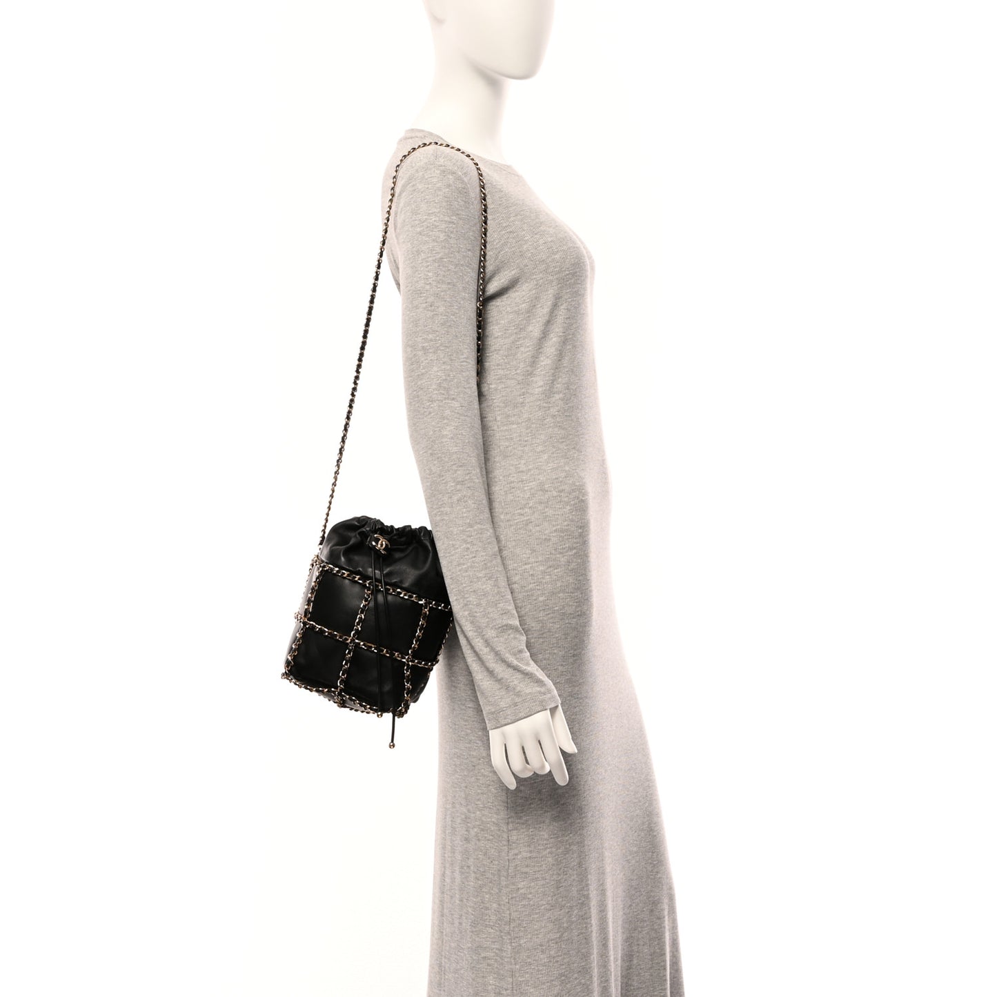 Lambskin Bucket Chain Drawstring Bag Black