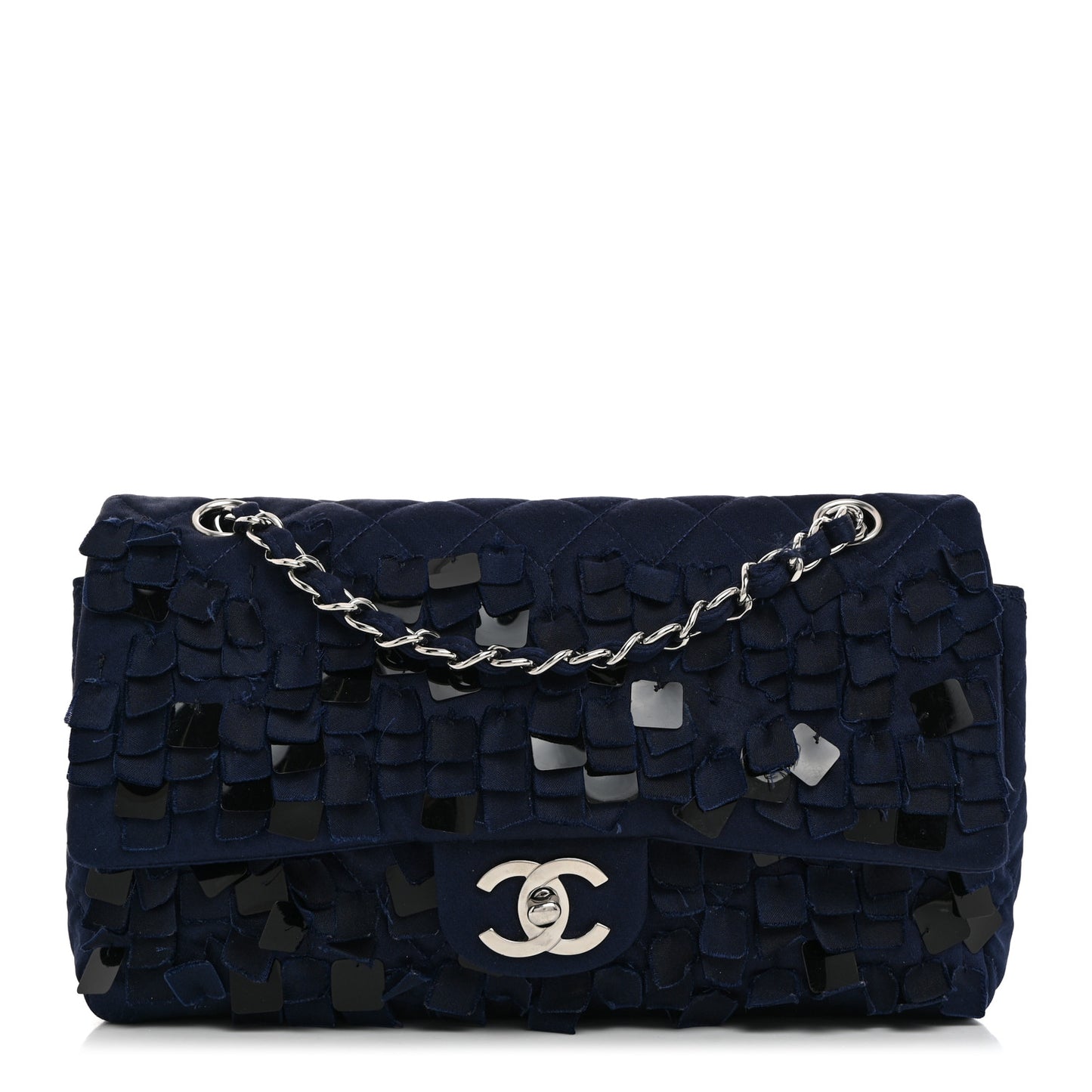 Satin Paillette Sequin Quilted Medium Single Flap Navy