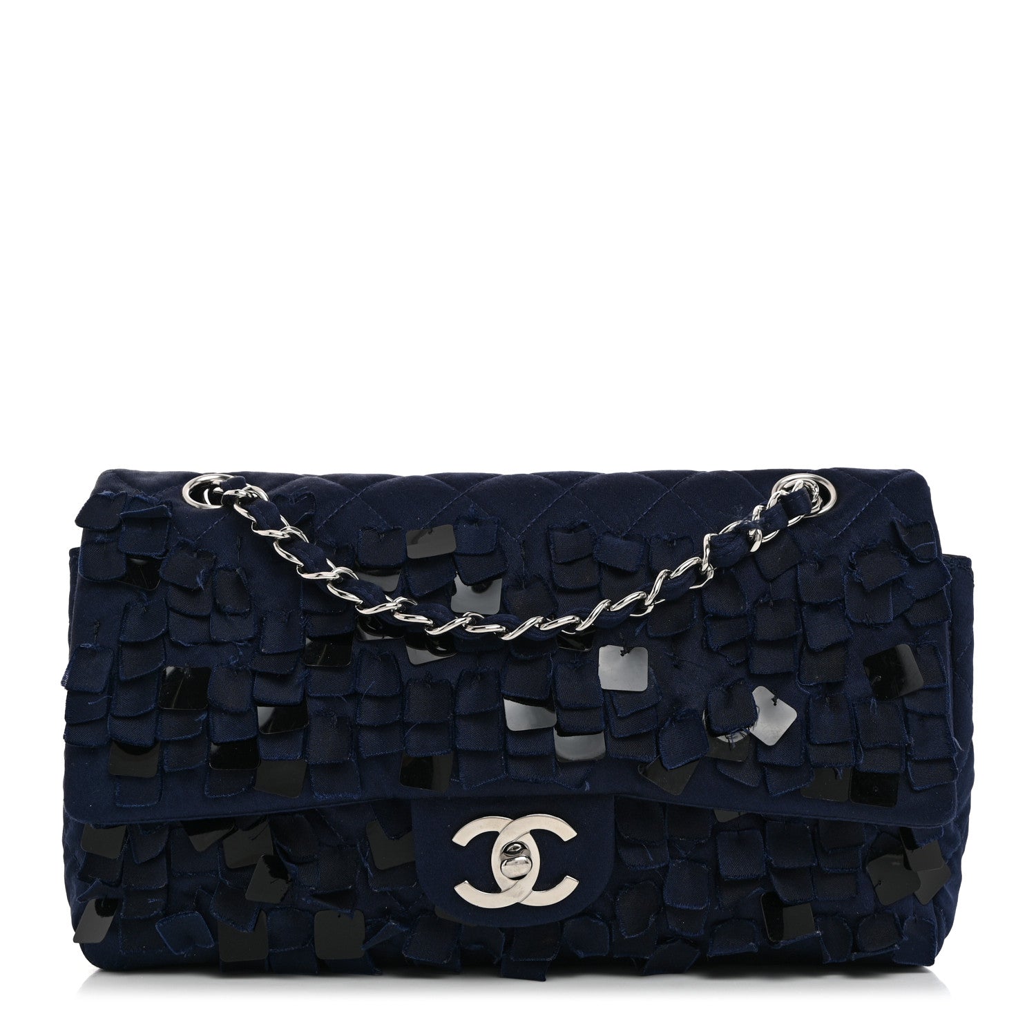 Chanel Satin Paillette Sequin Quilted Medium Single Flap Navy 1 of 10