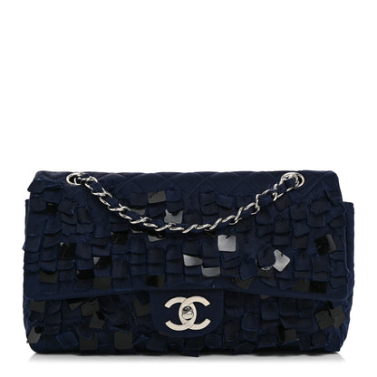 Chanel Satin Paillette Sequin Quilted Medium Single Flap Navy 1 of 10