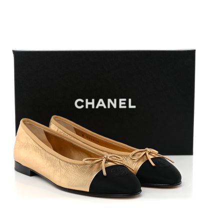 Chanel Metallic Laminated Lambskin Grosgrain CC Cap Toe Ballerina Flats 38 Dark Gold Black 11 of 11