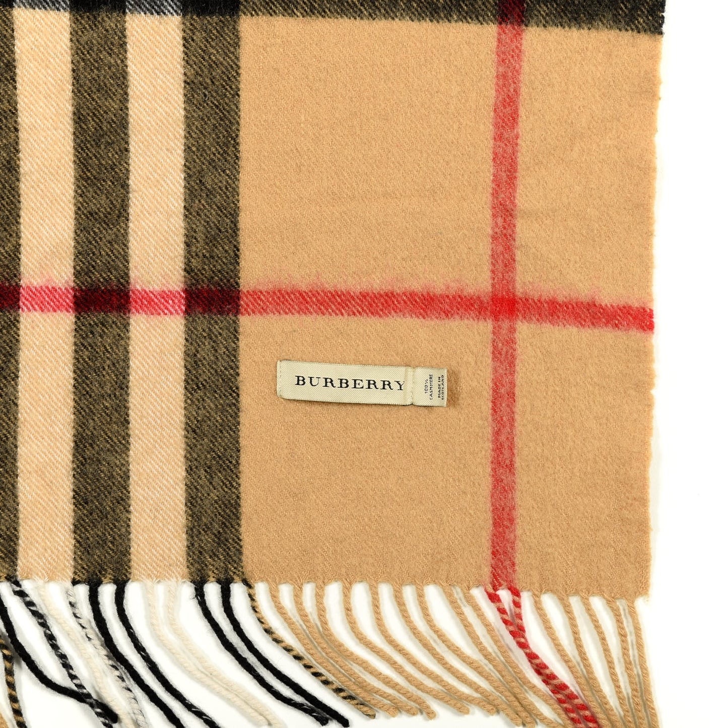 Cashmere Giant Check Fringe Scarf Camel