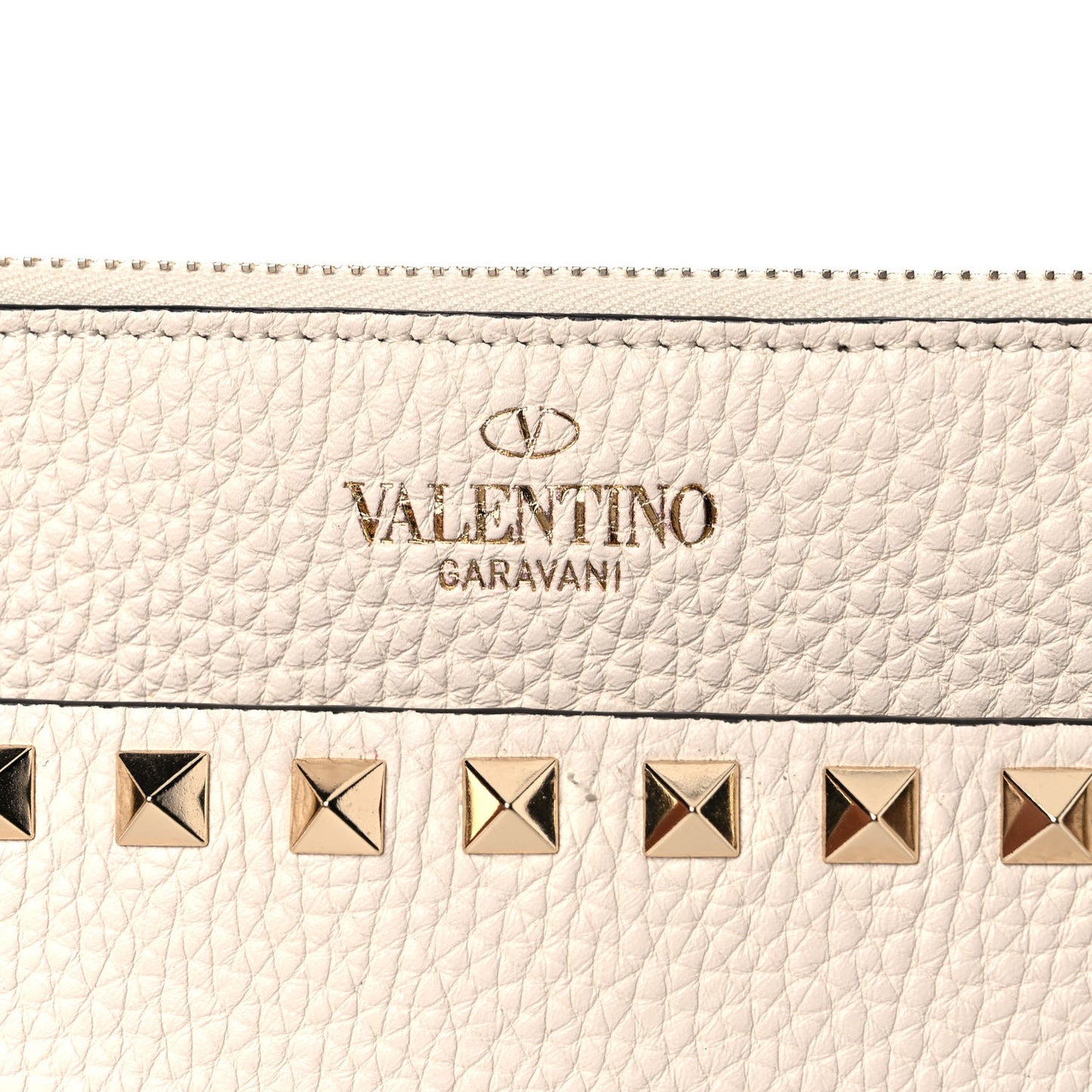 Pebbled Calfskin Rockstud Zip Pouch Ivory