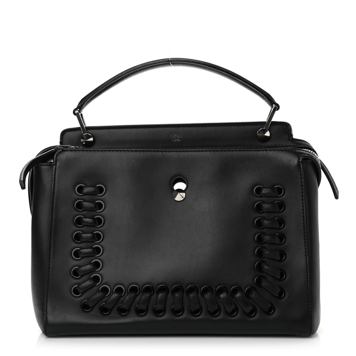 Fendi Vitello Baltico Dolce Shiny Nappa Lace Up DotCom Satchel Black Blue 1 of 11