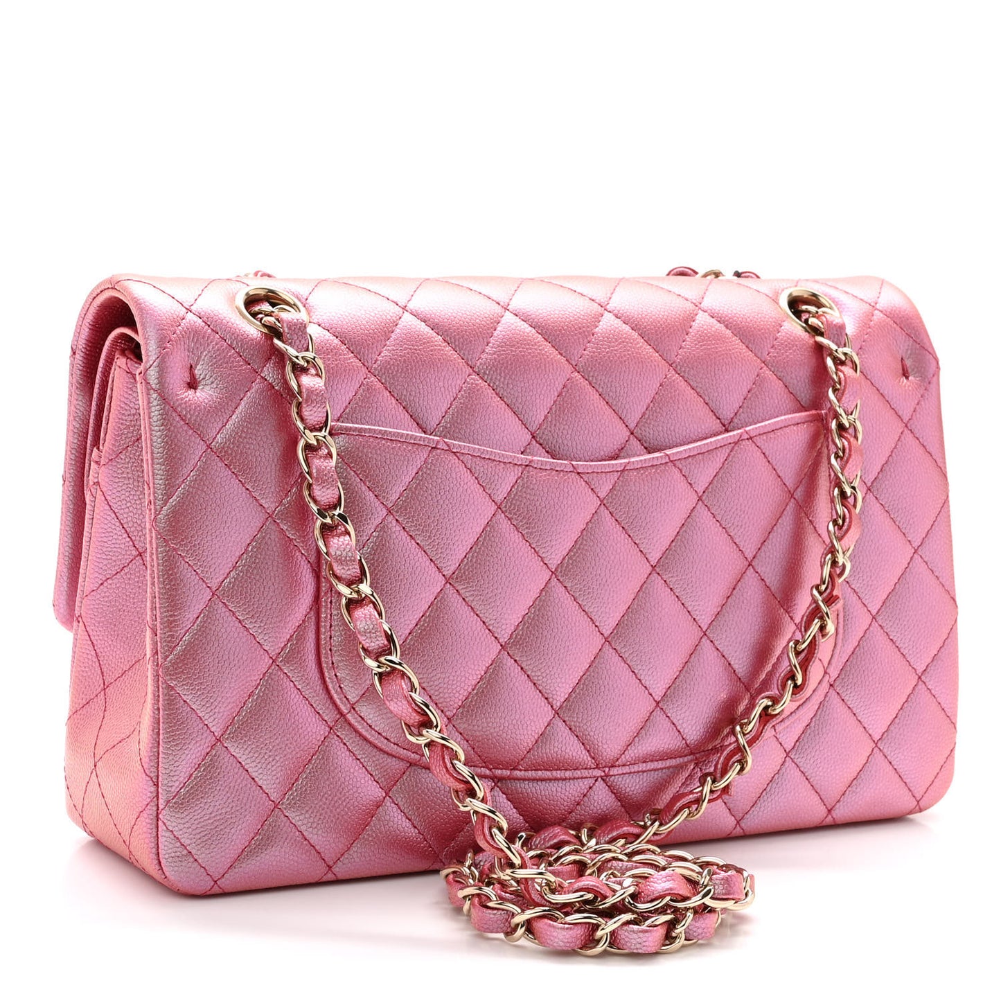 Iridescent Caviar Quilted Medium Double Flap Pink