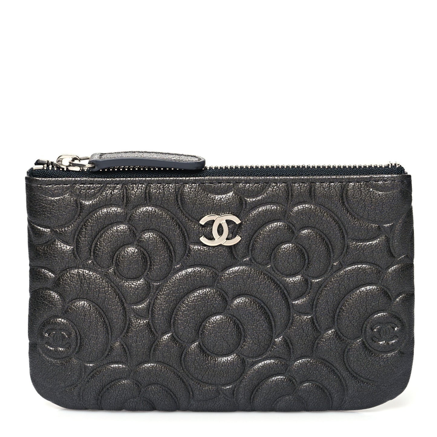 Goatskin Camellia Embossed Cosmetic Pouch Anthracite