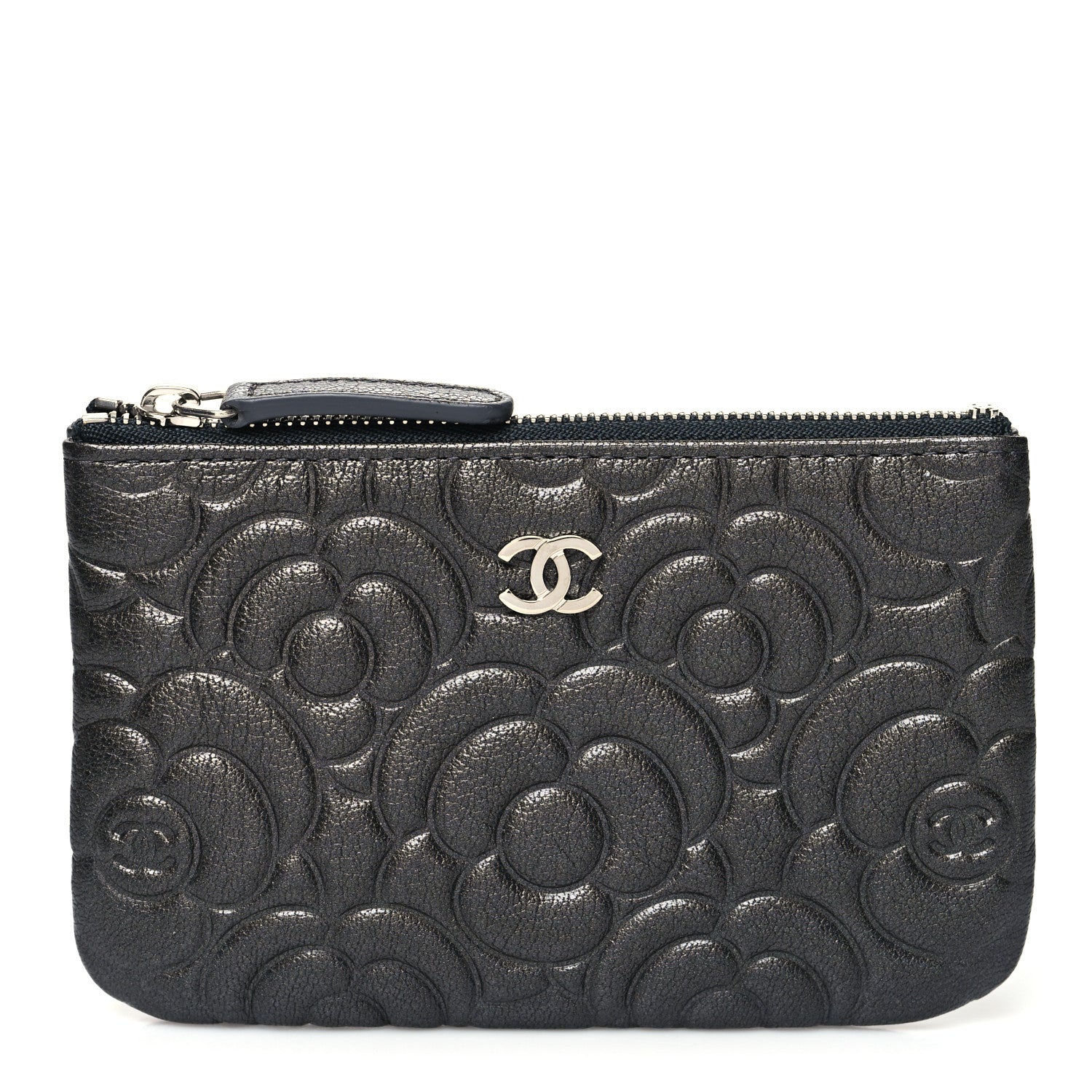 Chanel Goatskin Camellia Embossed Cosmetic Pouch Anthracite 1 of 11