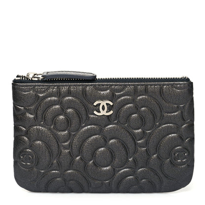 Chanel Goatskin Camellia Embossed Cosmetic Pouch Anthracite 1 of 11
