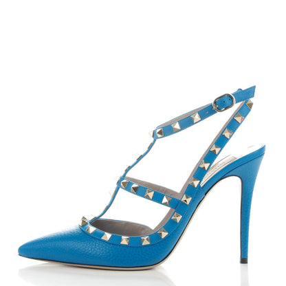 Valentino Garavani Pebbled Calfskin Rockstud Ankle Strap Pumps 41 Light Blue 1 of 8