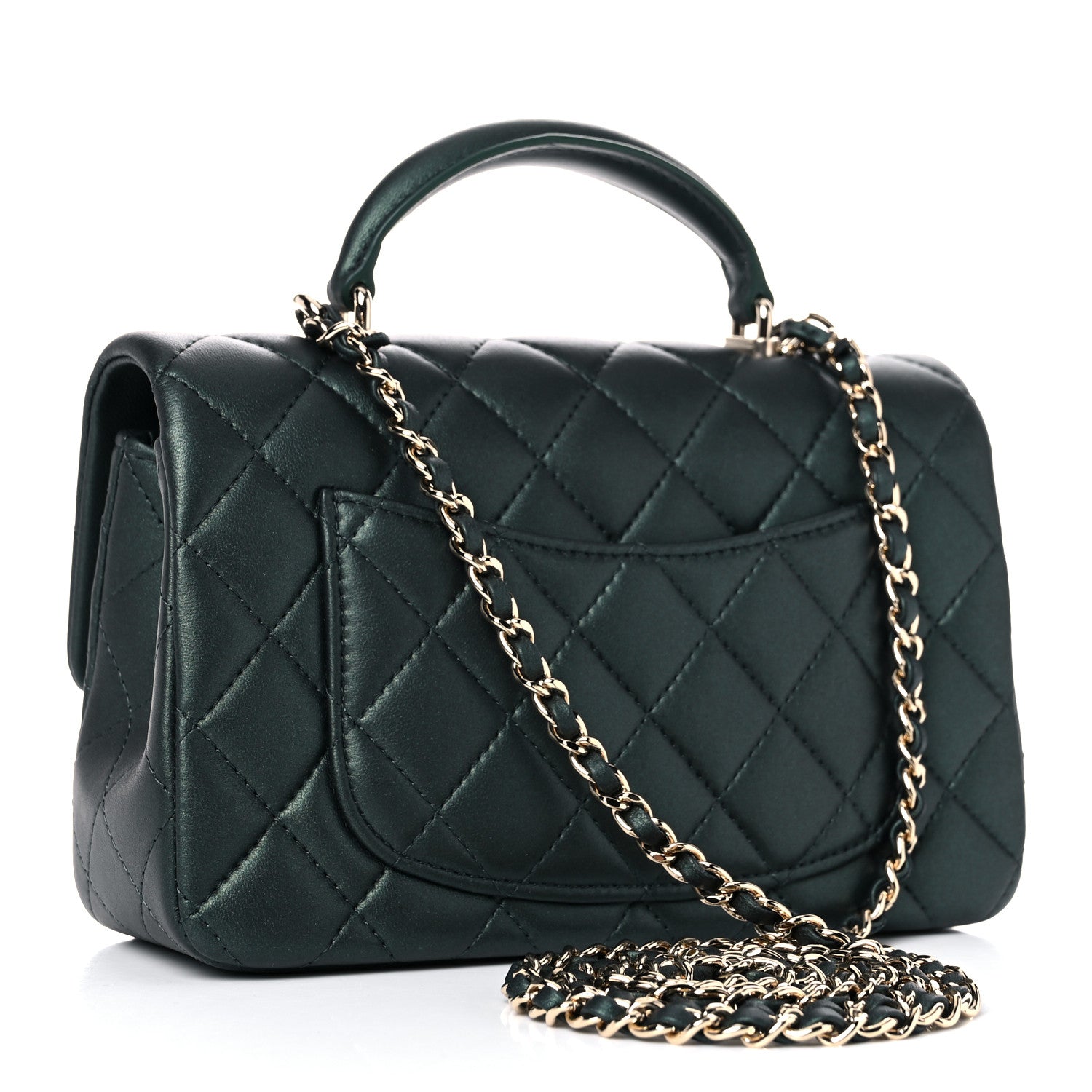 Chanel Iridescent Lambskin Quilted Mini Top Handle Rectangular Flap Dark Green 2 of 9