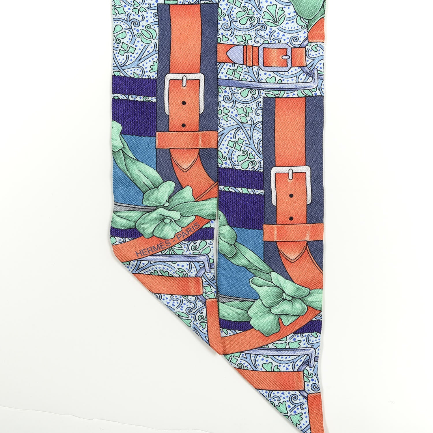Hermes Silk Grand Manege Fleuri Twilly Vert Cobalt Corail 4 of 5