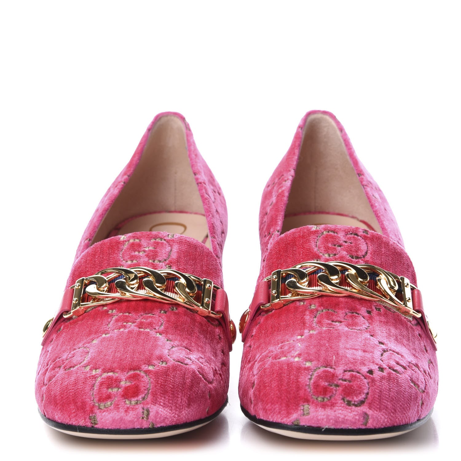 Gucci Velvet GG Monogram Sylvie Web Chain Mid Heel Loafers 39.5 Bright Pink 2 of 9