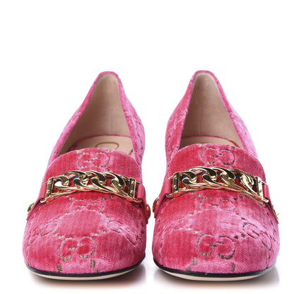 Gucci Velvet GG Monogram Sylvie Web Chain Mid Heel Loafers 39.5 Bright Pink 2 of 9