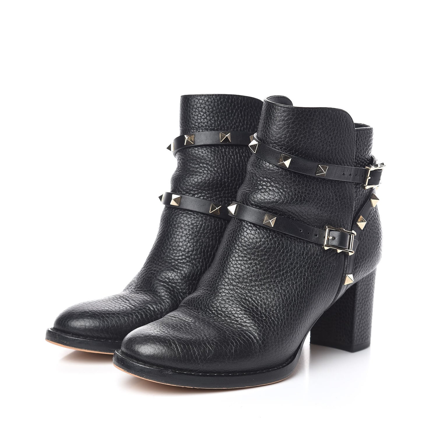 Pebbled Calfskin Rockstud Double Buckle 70mm Block Heel Ankle Boots 36.5 Black