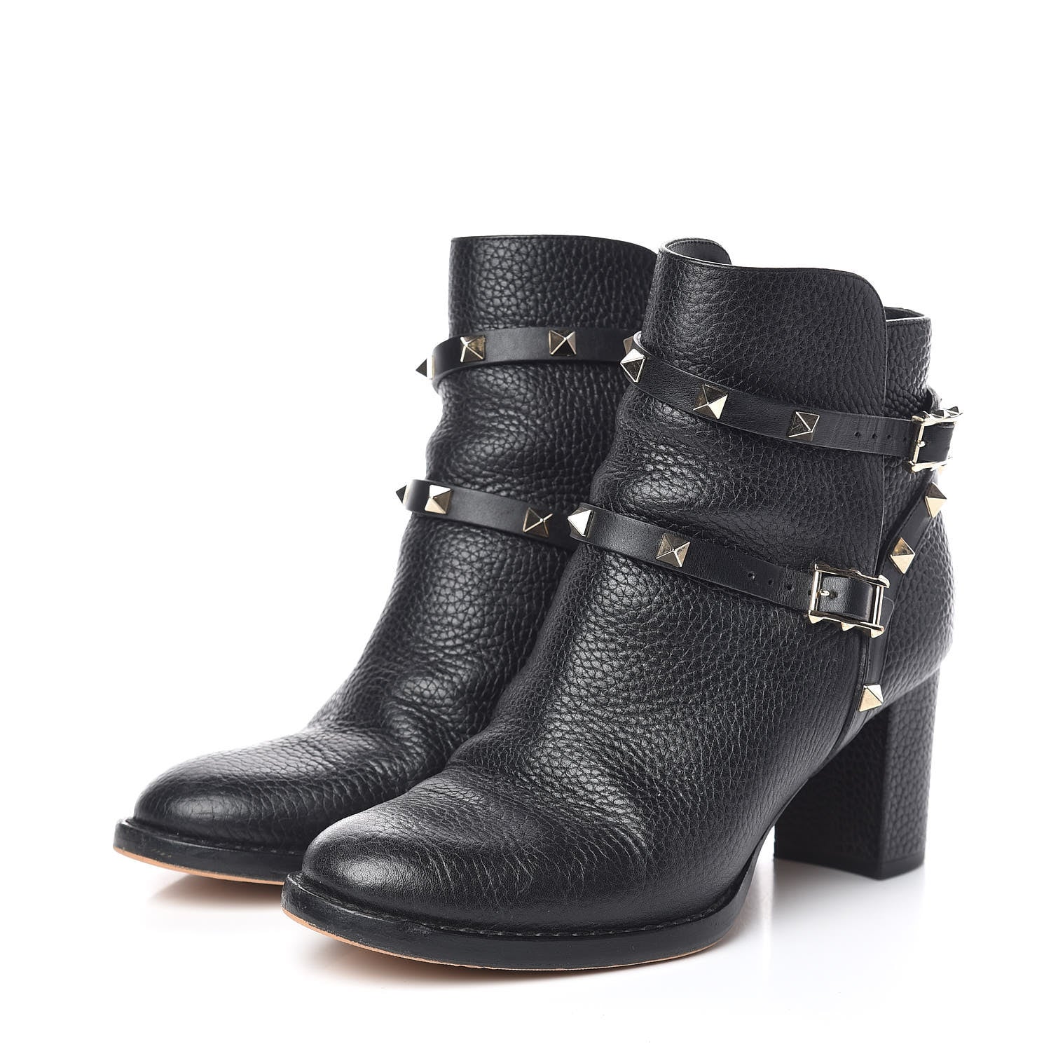 Valentino Garavani Pebbled Calfskin Rockstud Double Buckle 70mm Block Heel Ankle Boots 36.5 Black 3 of 11