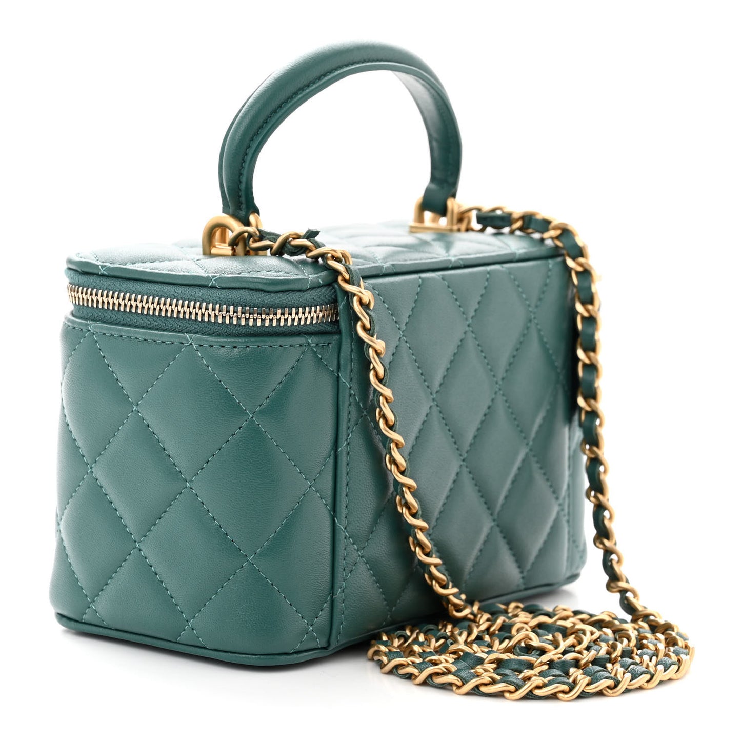 Lambskin Quilted Small Top Handle Vanity Case With Chain Green