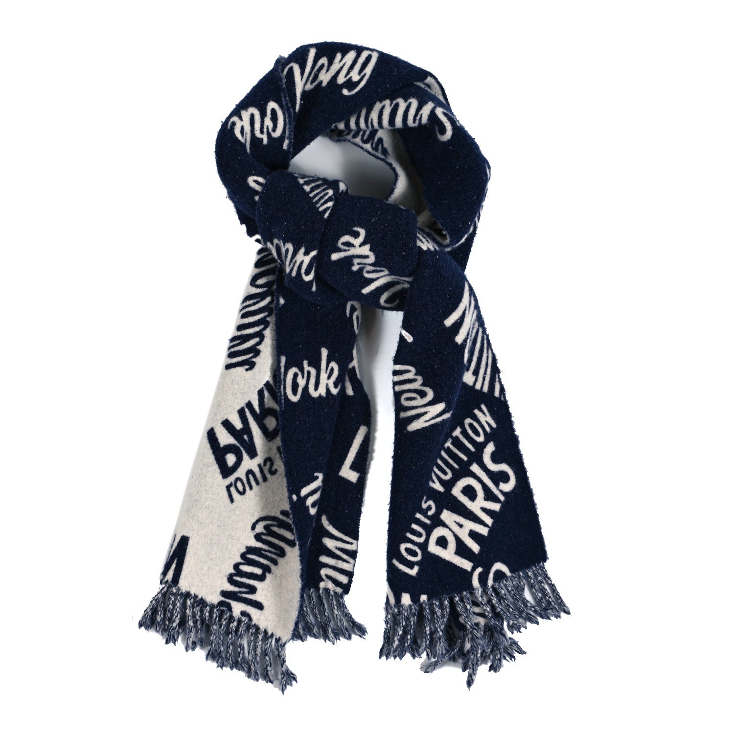 Louis Vuitton Wool Cashmere Logo LV Scarf Navy White 1 of 3
