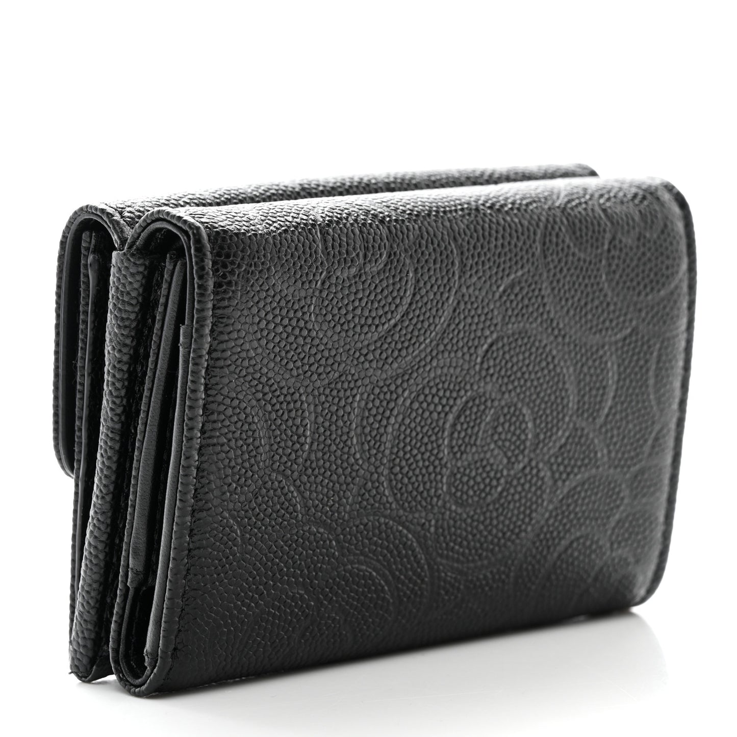 Caviar Camellia Embossed Compact Wallet Black