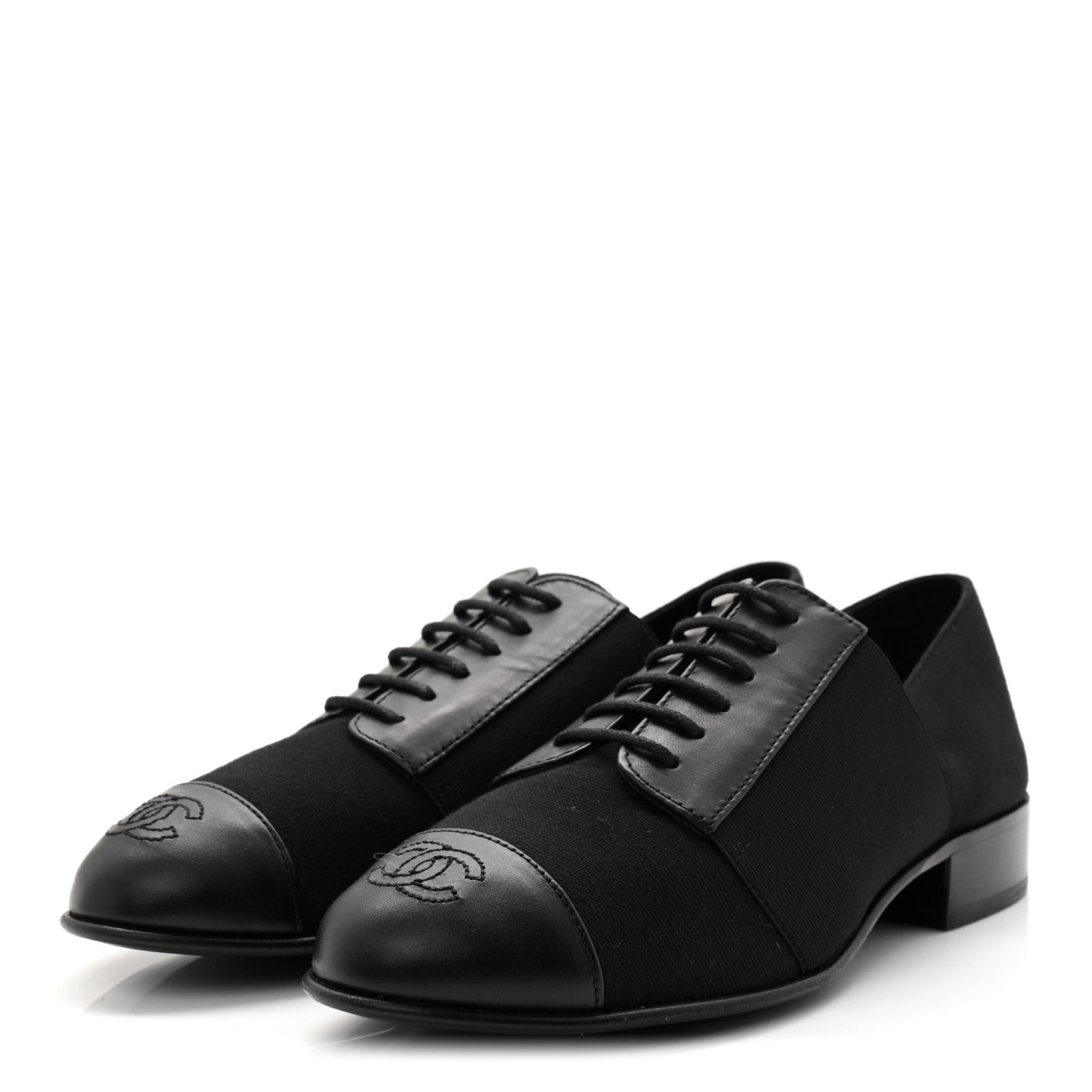 Calfskin Elastic Lace Up Cap Toe CC Loafers 35.5 Black