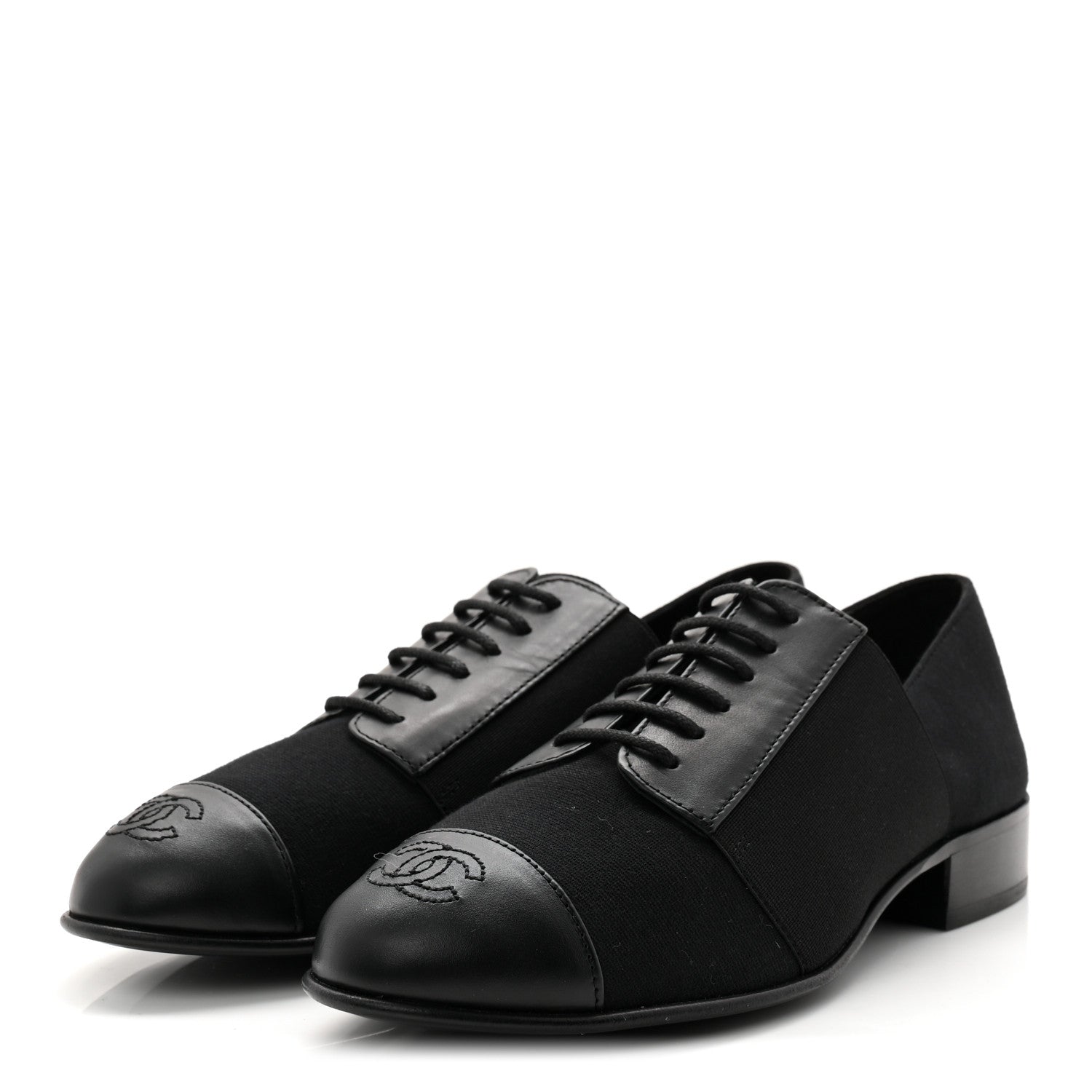 Chanel Calfskin Elastic Lace Up Cap Toe CC Loafers 35.5 Black 3 of 9