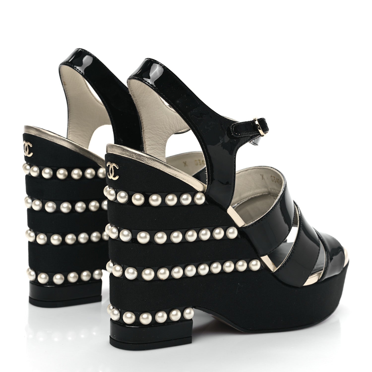 Chanel Patent Calfskin Grosgrain Pearl CC Wedge Sandals 38.5 Black 4 of 10