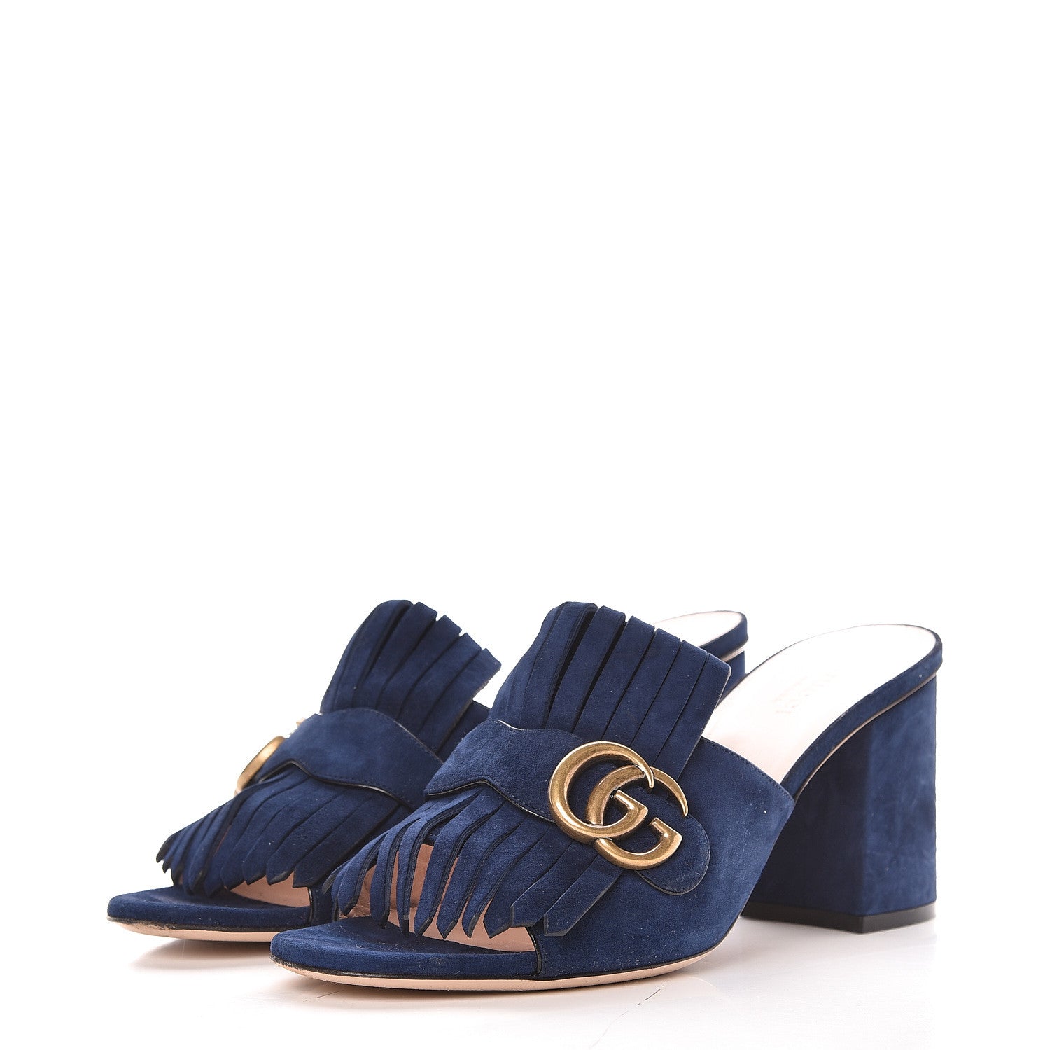 Gucci Kid Scamosciato GG Marmont Fringe 75mm Slide Sandals 39 Blue Ink 2 of 12