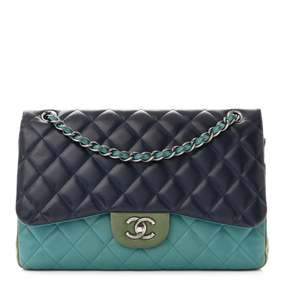 Chanel Lambskin Quilted Tri-Color Jumbo Double Flap Navy Blue Green 1 of 14