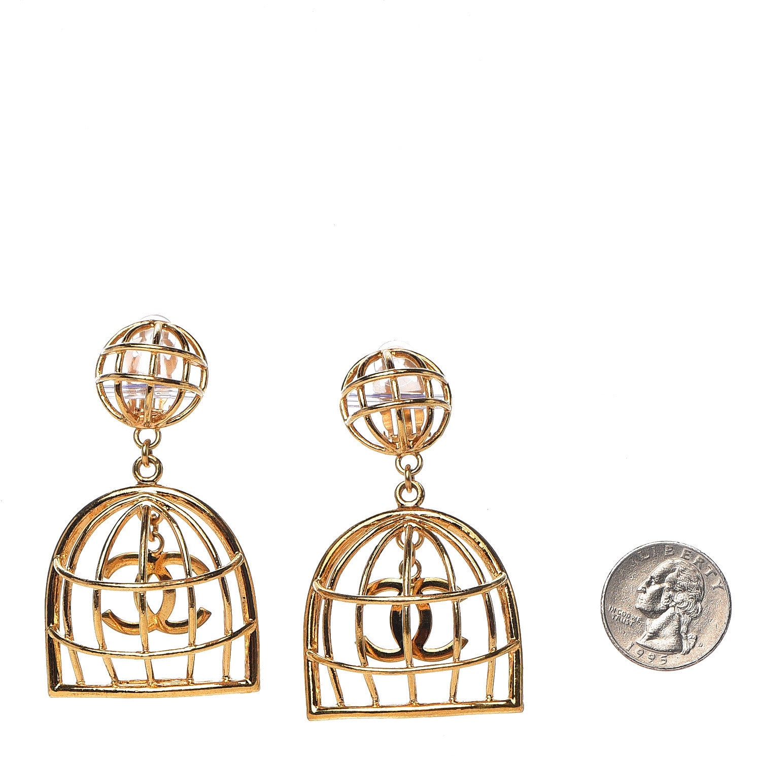 Chanel CC Bird Cage Drop Clip On Earrings Gold 2 of 3