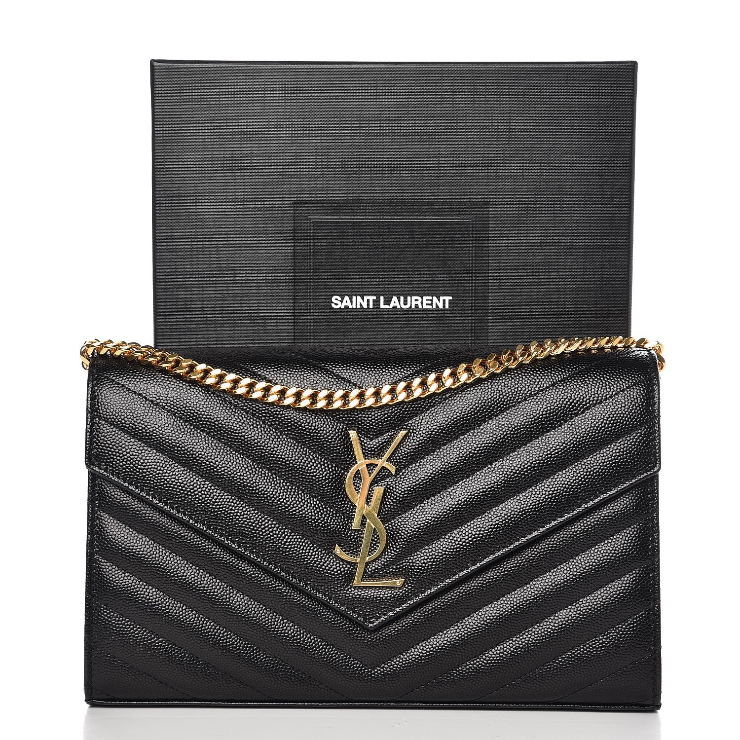 Saint Laurent Grain De Poudre Matelasse Chevron Monogram Chain Wallet Black 8 of 8